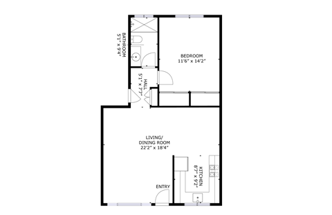 Floor plan for 1 bed, 1 bath, 750 sqft